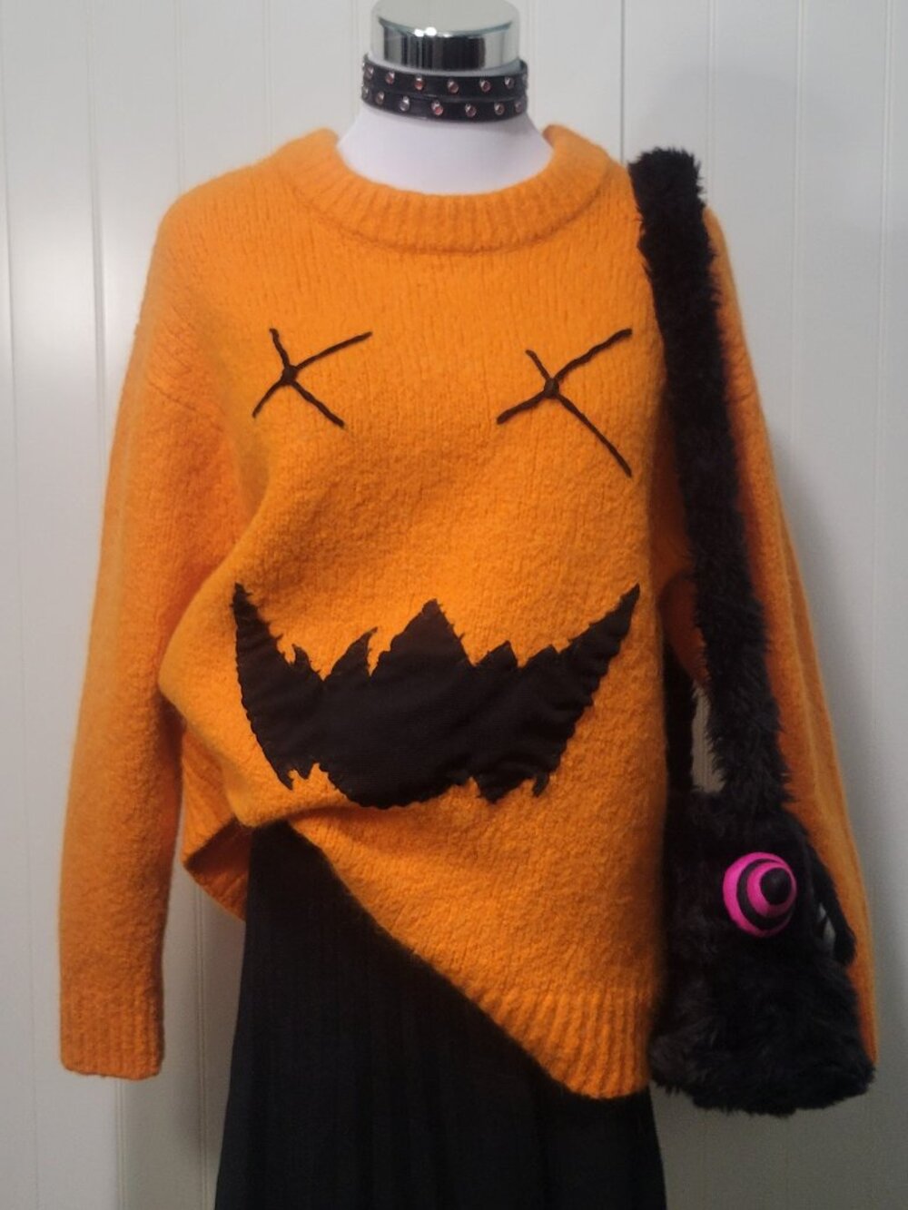 Wool Alpaca Orange Jack-O'-Lantern Pumpkin Halloween Goth Patchwork Knit Sweater